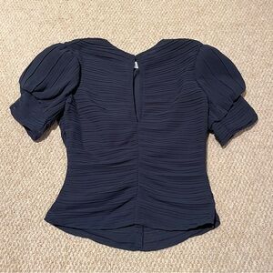 FRAME Women’s Navy Pleated Ruched-Sleeved Keyhole Top